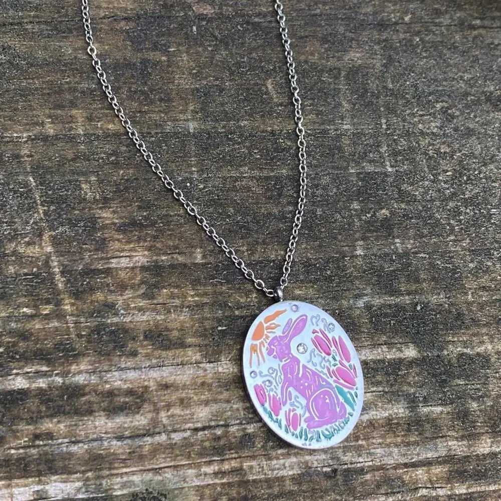 NEW Pink Rabbit Yellow Sun Pendant Necklace